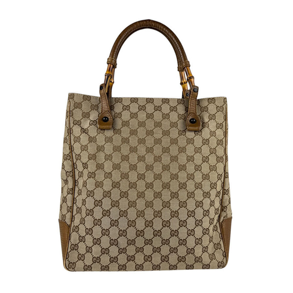 Gucci Bamboo GG Canvas Leather Top Handle Bag Beige Brown